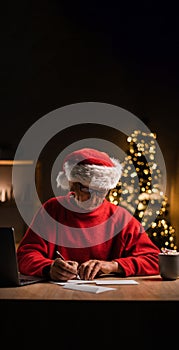 Portrait of old Santa Claus answering Christmas letters in his home office