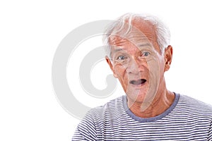 Portrait of old senior man with eye sickness, surfer's eye, pter
