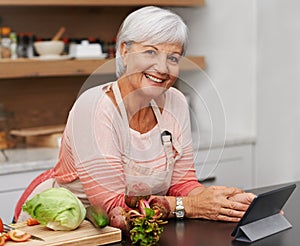 Portrait, old woman and online for cooking and tablet in kitchen and watch for learning, meal prep and guide. House