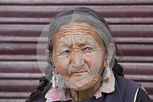 Portrait old woman on the street in Leh, Ladakh. India