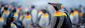 portrait of one emperor penguin in colony in winter in Arctic