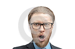 Portrait one man businessman with magnifying glass