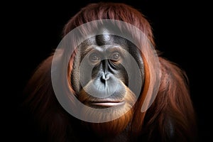 Portrait of an orangutan on a black background.