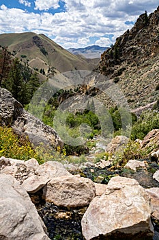 Portrait orientation view of Goldbug Hot Springs in Idaho, in the Salmon-Challis National Forest on a summer day