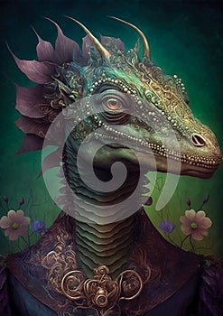 Portrait of ornate reptiloid, fantasy illustration, dark background