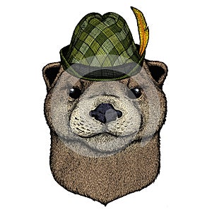 Portrait of otter. Austrian bavarian tirol hat. Beer festival. Oktoberfest.Cute animal head.