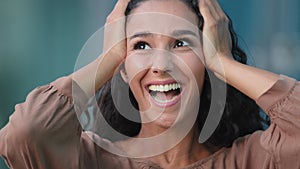 Portrait outdoors hispanic emotional girl brunette surprised enthusiastic amazed and astonish woman feels shock joy