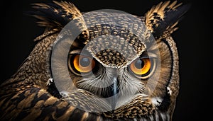 Portrait owl with big yellow eyes.