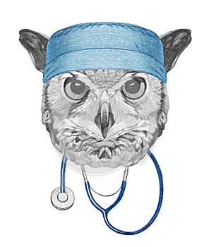 Portrait of Owl with doctor cap and stethoscope. Hand-drawn illustration.