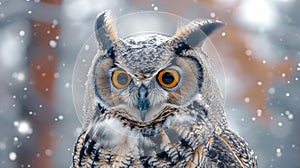 Portrait of an owl in the winter forest. Owl on a background of snow. Generative AI