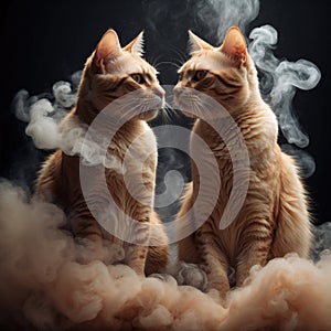 portrait of a pair of cats sitting a delicate cloud of colored smoke enveloping their bodies