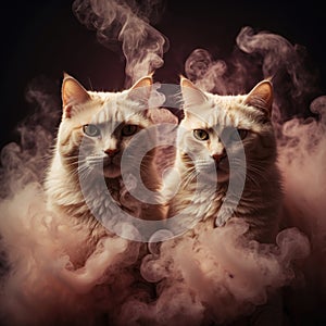 portrait of a pair of cats sitting a delicate cloud of colored smoke enveloping their bodies