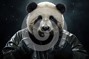 Portrait of a panda in a leather jacket and boxing gloves.