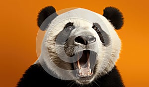 Portrait of a Panda showing his teeth. Open mouth. Orange background