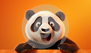 Portrait of a Panda showing his teeth. Open mouth. Orange background
