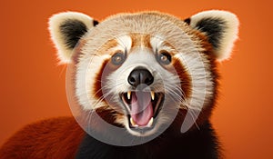 Portrait of a Panda showing his teeth. Open mouth. Orange background