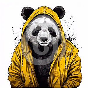 Portrait of a panda in a yellow raincoat. Generative AI