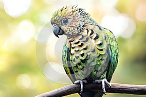 Portrait of a parrot with green feathers and blurred background. photo