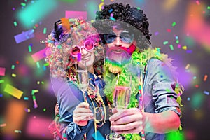 Portrait of party Men and woman in wig and glasses Carneval