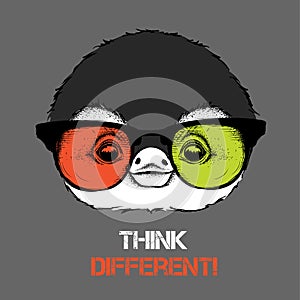 Portrait of the penguin in the colored glasses. Think different. Vector illustration.