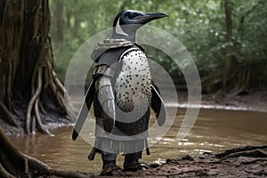 portrait of a penguin dressed as a conquistador