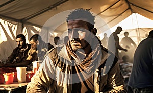 Portrait of pensive and serious young man sitting inside of a temporal tent homes in a refugee camp with people eating and cooking