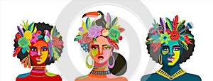 Portrait of people in brazil carnival outfits. Vector isolated illustrations. Design elements for carnival concept and