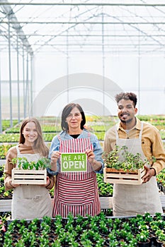 Portrait of people working in greenhouse in garden center, store open after lockdown.