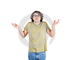 Portrait of perplexed and confused man, hands raised outstretched, shrugging shoulders, isolated on white background. Don`t know