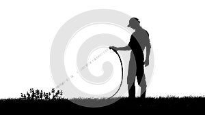 Portrait of person farmer isolated on white background with alpha channel. Black silhouette of gardener watering garden