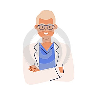 Portrait of pharmacist in eyewear and medical coat. Avatar of smiling health worker in uniform. Colored flat cartoon