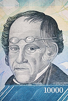 Portrait of Philosopher and educator Simon Rodriguez on Venezuela 10000 Bolivar currency banknote
