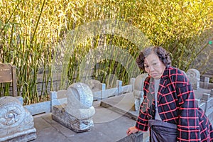 Portrait photo of Asian senior traveler women with beautiful flower on Nanlouguxiang the Old Part area of the Beijing