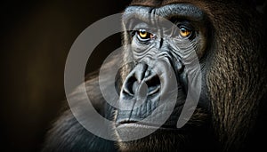 A portrait photo of a gorilla staring in the forest, generative AI