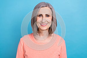 Portrait photo of smiling pretty retired old woman gray hair wear stylish shirt satisfied her own business company