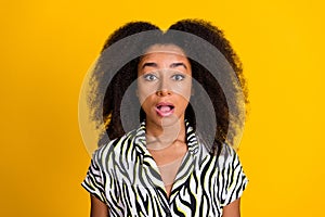 Portrait photo of young speechless confused girlfriend in zebra print shirt with beautiful curly hair isolated on yellow photo