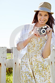 Portrait, photographer or camera for travel blogger in holiday location, summer vacation or Germany sightseeing break