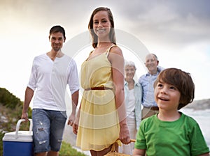 Portrait, picnic and family on beach for vacation, adventure and tropical holiday in Australia. Grandparents, parents