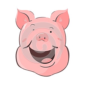 Portrait of a pig. Piglet head with emotion. Cute piggy happy laughter. Zodiac symbol 2019.