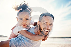 Portrait, piggyback and father with girl at beach on summer holiday, family vacation or travel together in Colombia