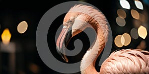 Portrait of a pink flamingo isolated on a black background.