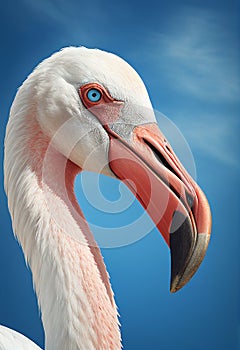 Portrait of pink flamingo looking at camera against blue sky. AI generated