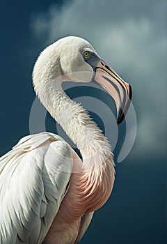 Portrait of pink flamingo looking at camera against blue sky. AI generated