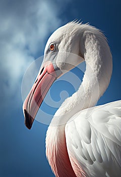 Portrait of pink flamingo looking at camera against blue sky. AI generated