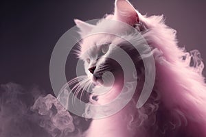 Portrait of pink furry cat surrounded by smoke, ai generated