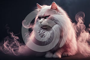 Portrait of a pink furry cat surrounded by smoke,ai generated