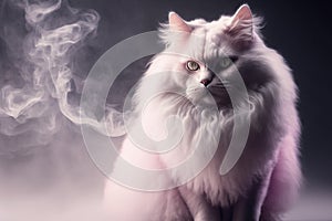 Portrait of a pink furry cat surrounded by smoke, ai generated