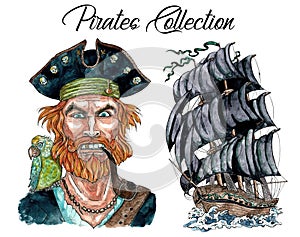 Portrait of pirate captain with pipe, parrot and ship