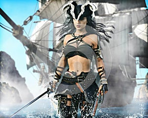 Portrait of a pirate female coming ashore .