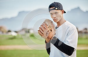 Portrait pitcher, baseball player or man training for a sports game on outdoor field stadium. Fitness, motivation or